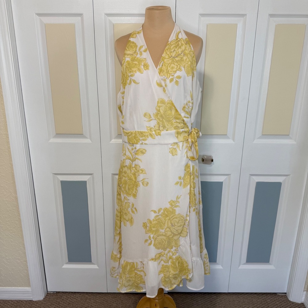 Vintage Jonathan Martin Floral Halter Wrap Dress White Yellow Ruffle Size 16